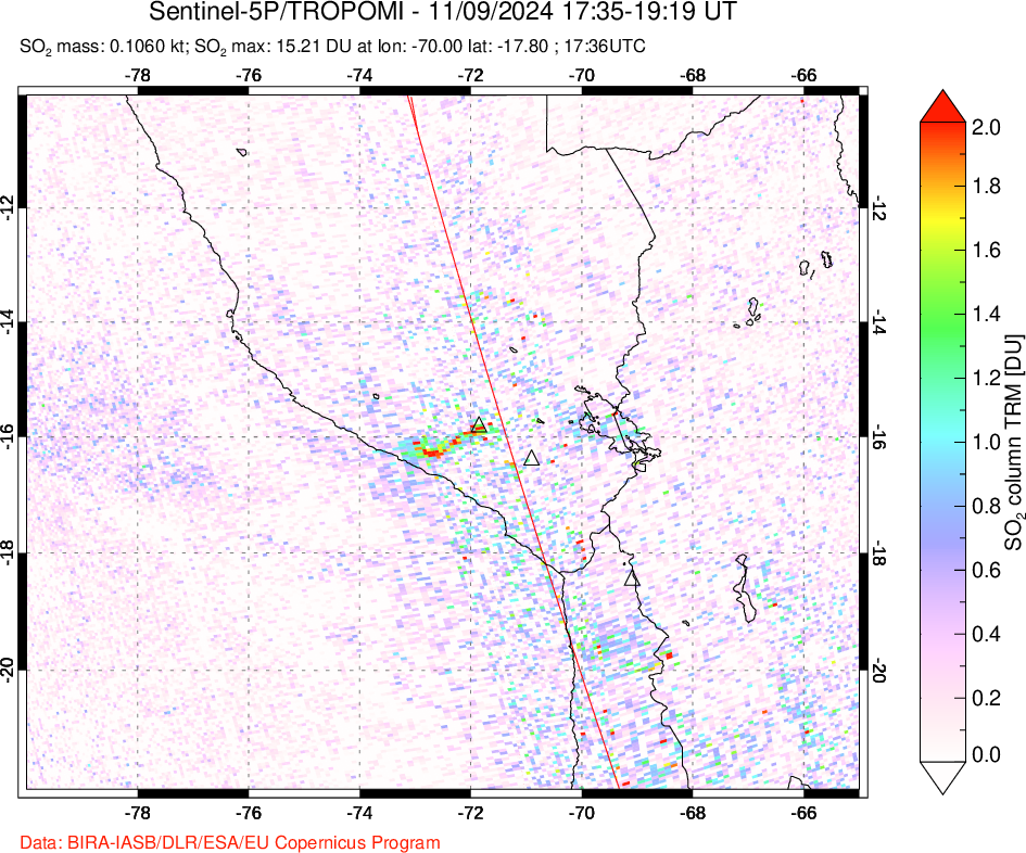 A sulfur dioxide image over Peru on Nov 09, 2024.