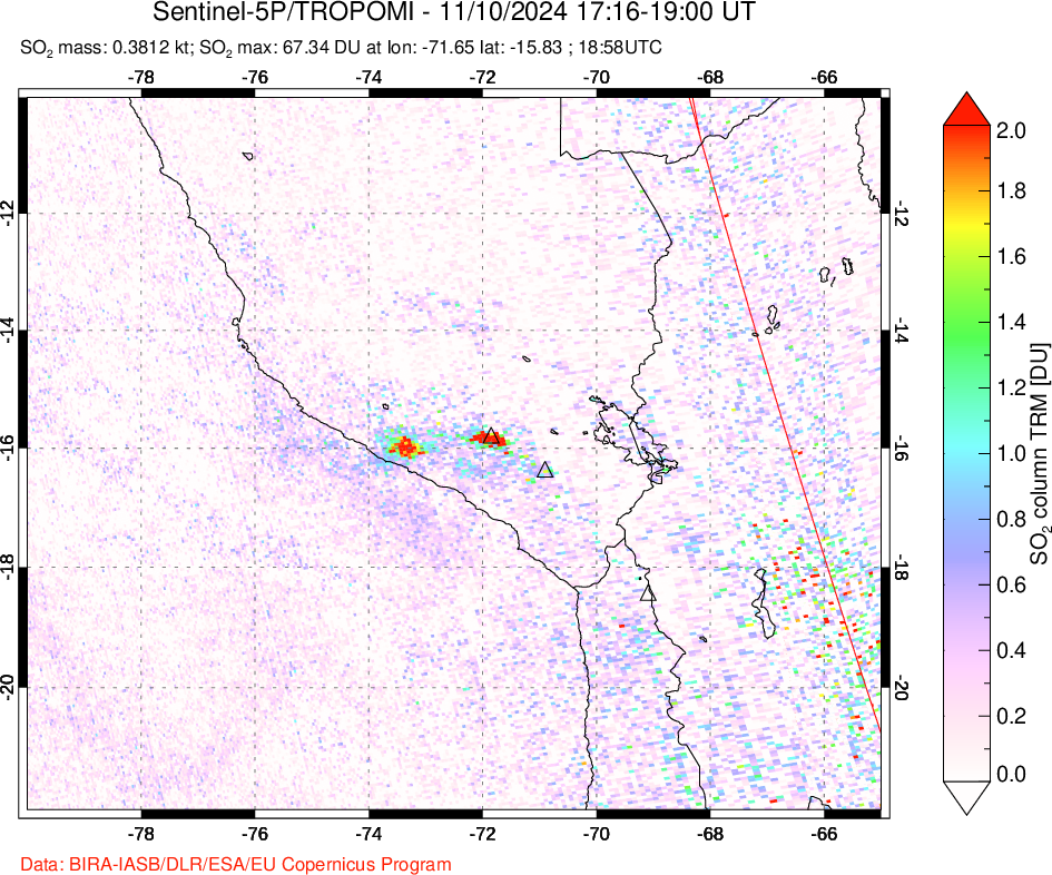 A sulfur dioxide image over Peru on Nov 10, 2024.