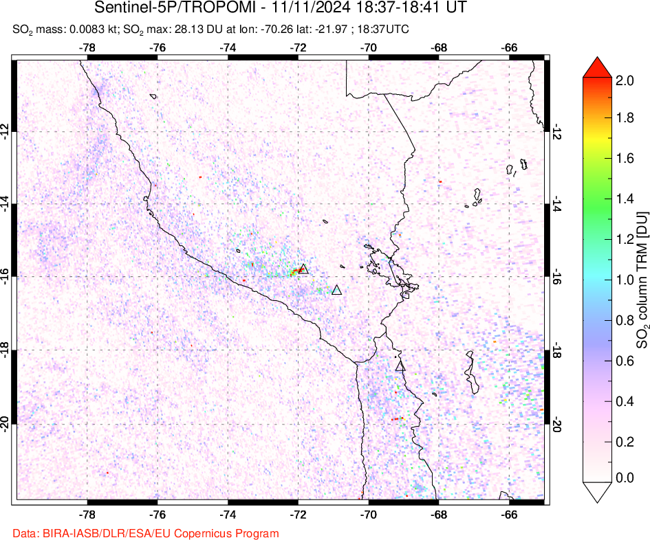 A sulfur dioxide image over Peru on Nov 11, 2024.