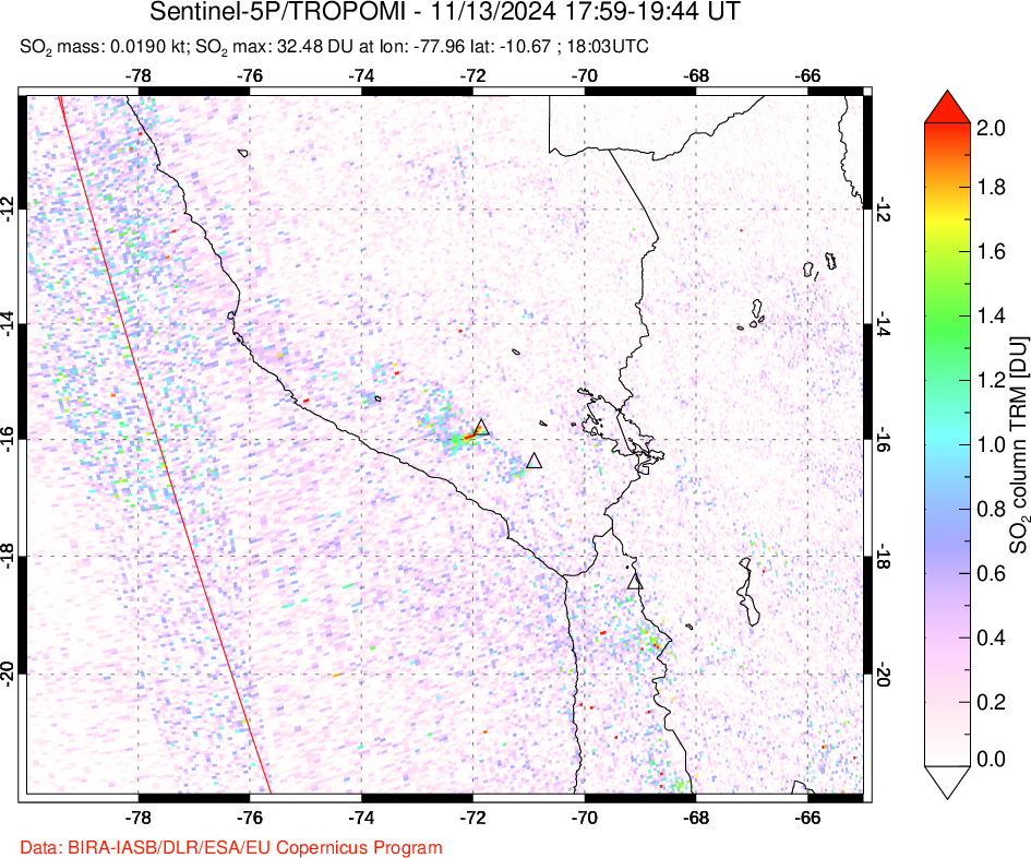 A sulfur dioxide image over Peru on Nov 13, 2024.