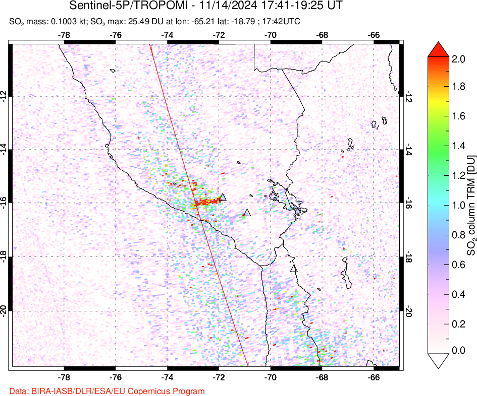 A sulfur dioxide image over Peru on Nov 14, 2024.