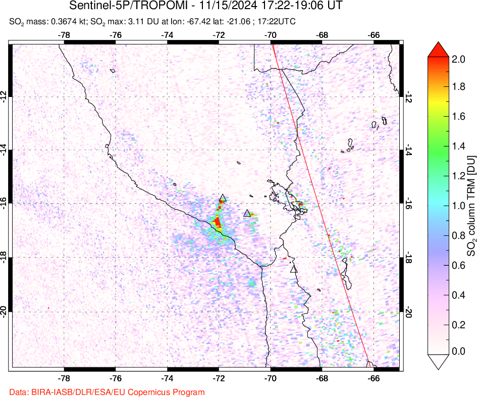 A sulfur dioxide image over Peru on Nov 15, 2024.