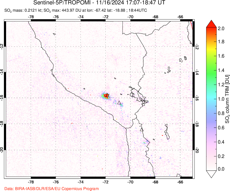 A sulfur dioxide image over Peru on Nov 16, 2024.