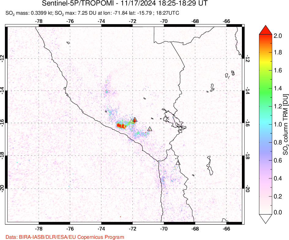 A sulfur dioxide image over Peru on Nov 17, 2024.