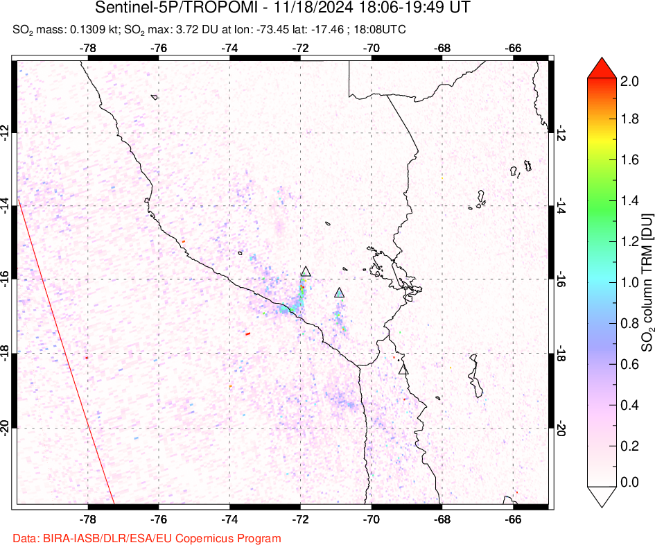 A sulfur dioxide image over Peru on Nov 18, 2024.