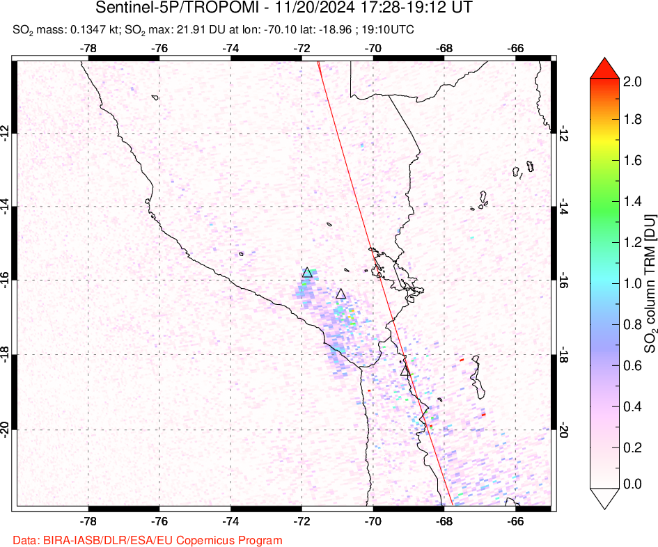 A sulfur dioxide image over Peru on Nov 20, 2024.