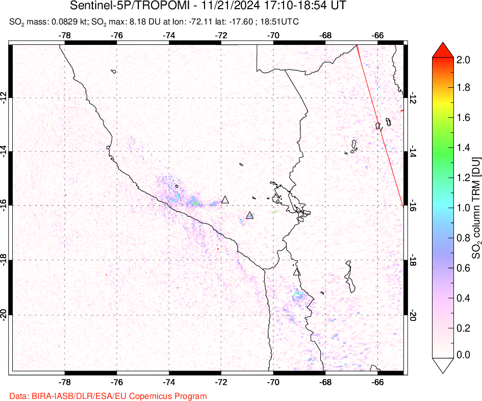 A sulfur dioxide image over Peru on Nov 21, 2024.