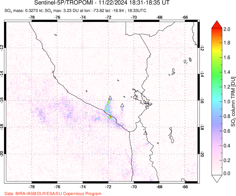 A sulfur dioxide image over Peru on Nov 22, 2024.