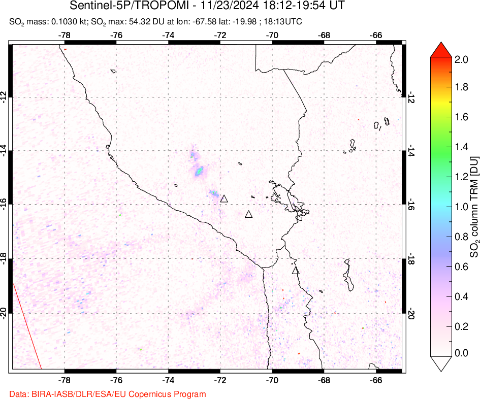 A sulfur dioxide image over Peru on Nov 23, 2024.