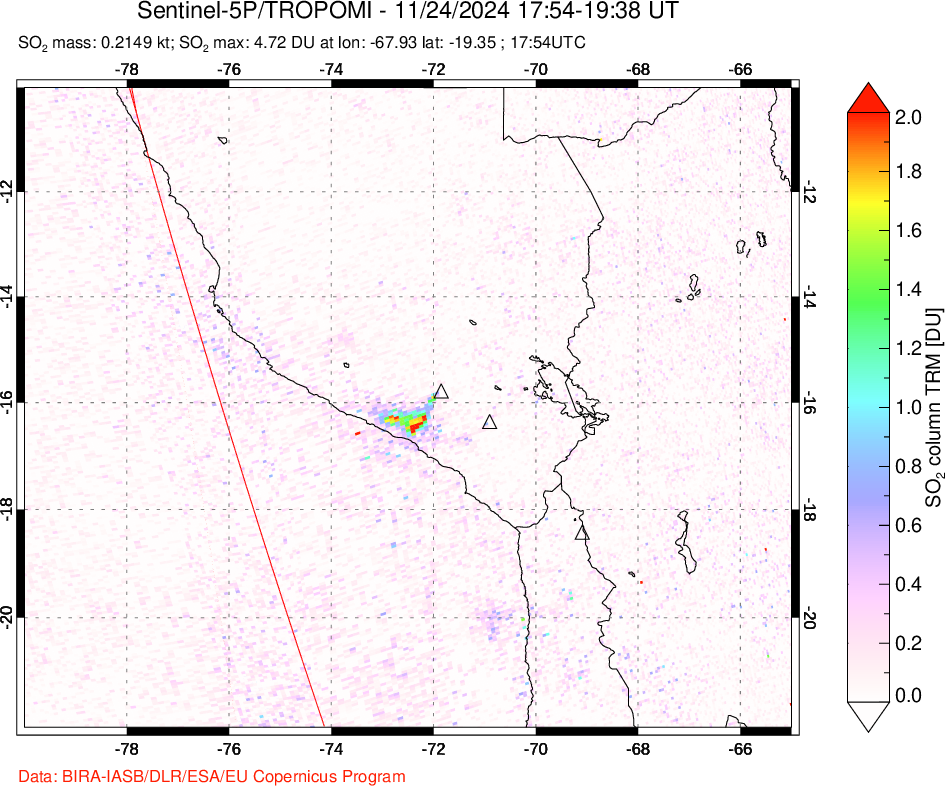 A sulfur dioxide image over Peru on Nov 24, 2024.