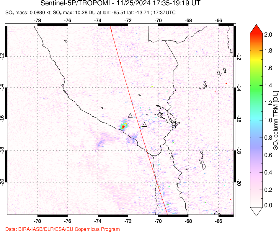 A sulfur dioxide image over Peru on Nov 25, 2024.