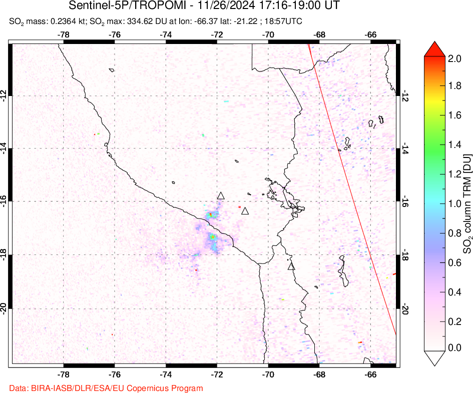 A sulfur dioxide image over Peru on Nov 26, 2024.