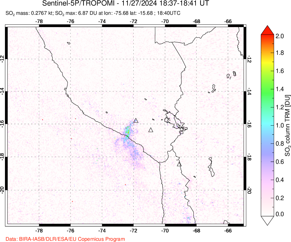 A sulfur dioxide image over Peru on Nov 27, 2024.