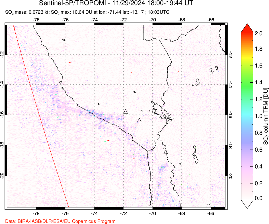 A sulfur dioxide image over Peru on Nov 29, 2024.