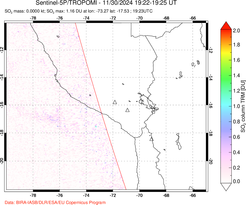 A sulfur dioxide image over Peru on Nov 30, 2024.