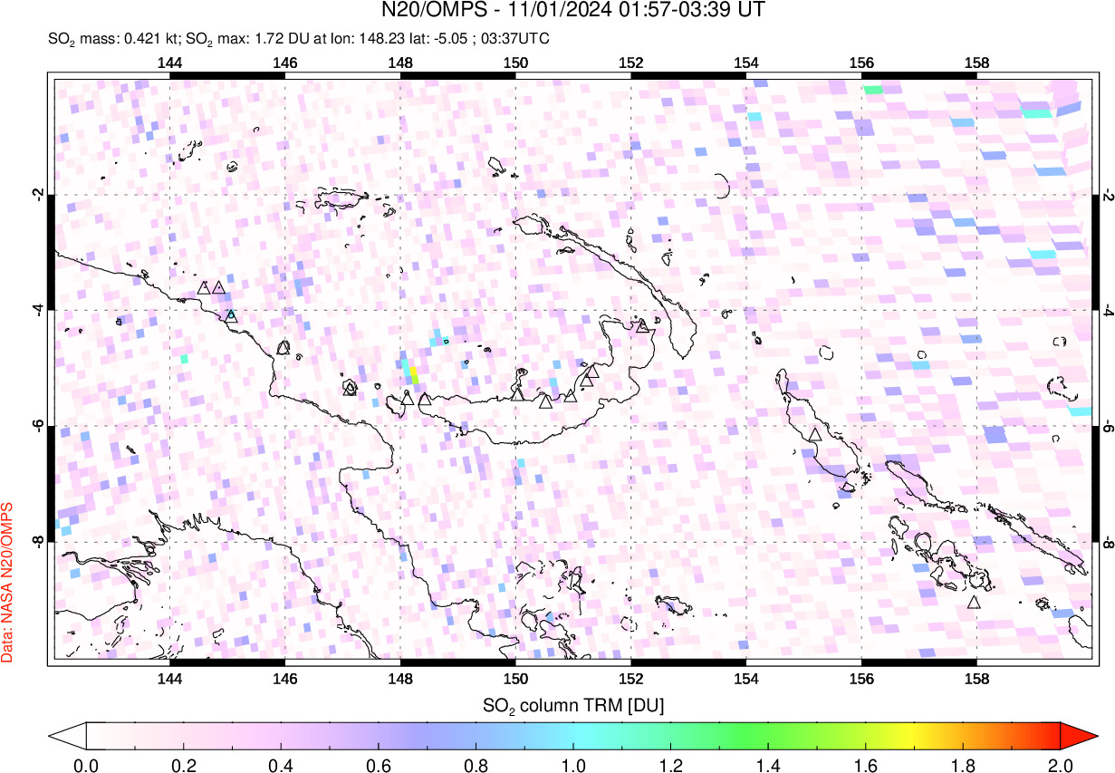 A sulfur dioxide image over Papua, New Guinea on Nov 01, 2024.