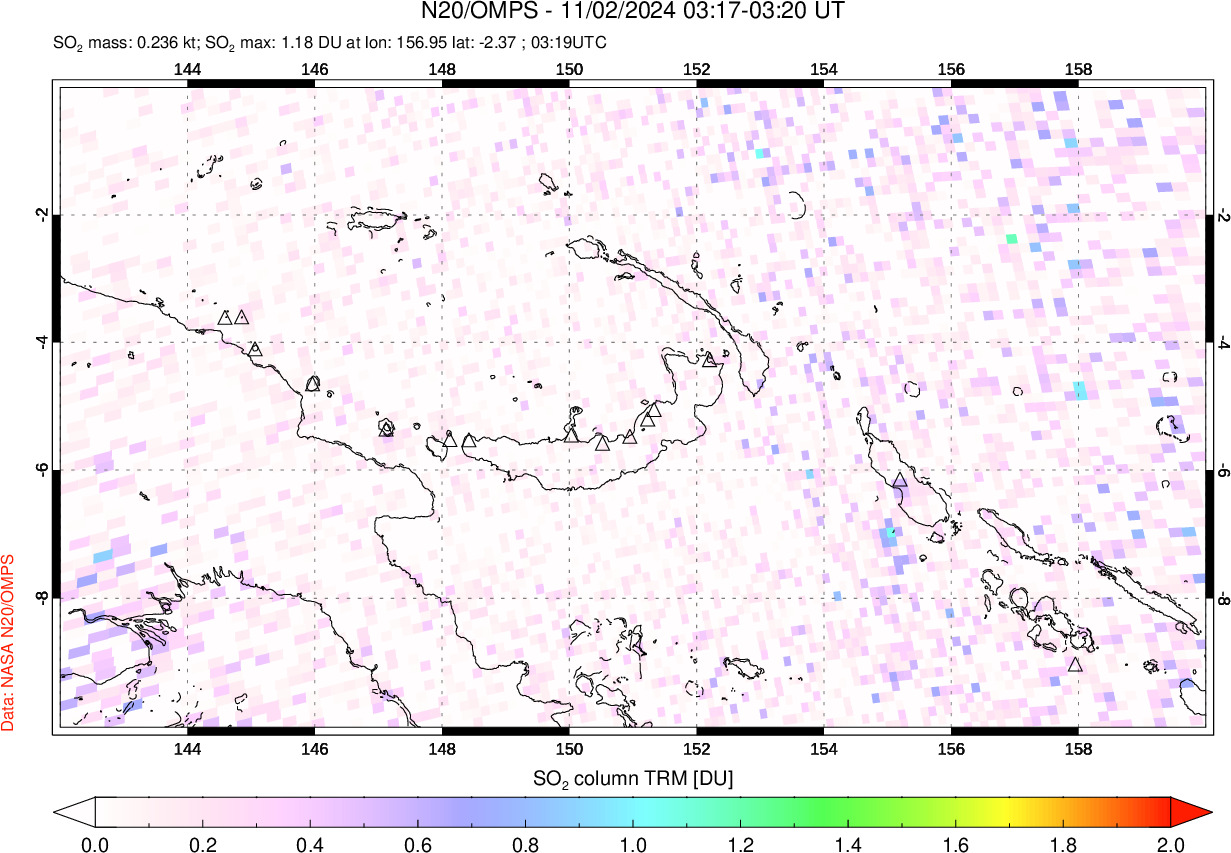 A sulfur dioxide image over Papua, New Guinea on Nov 02, 2024.