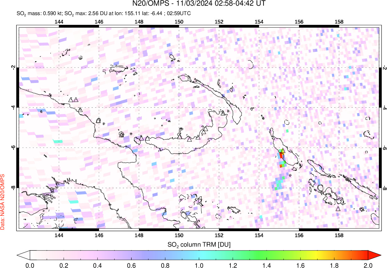 A sulfur dioxide image over Papua, New Guinea on Nov 03, 2024.