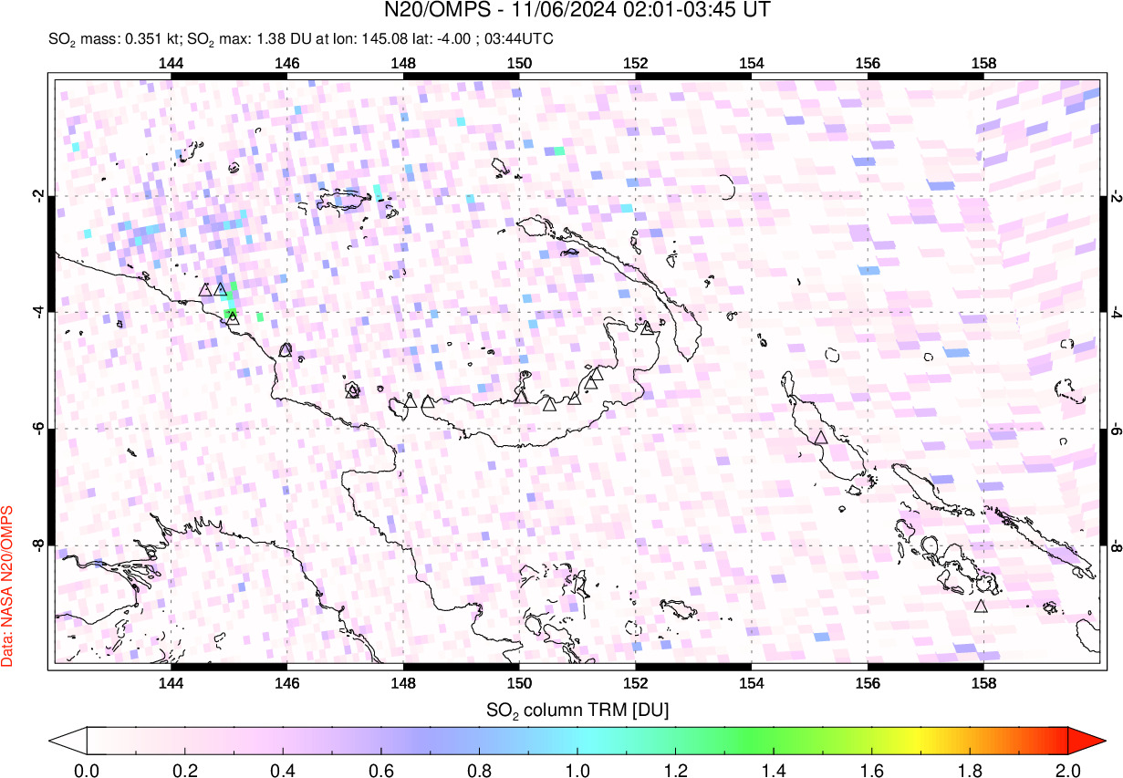 A sulfur dioxide image over Papua, New Guinea on Nov 06, 2024.