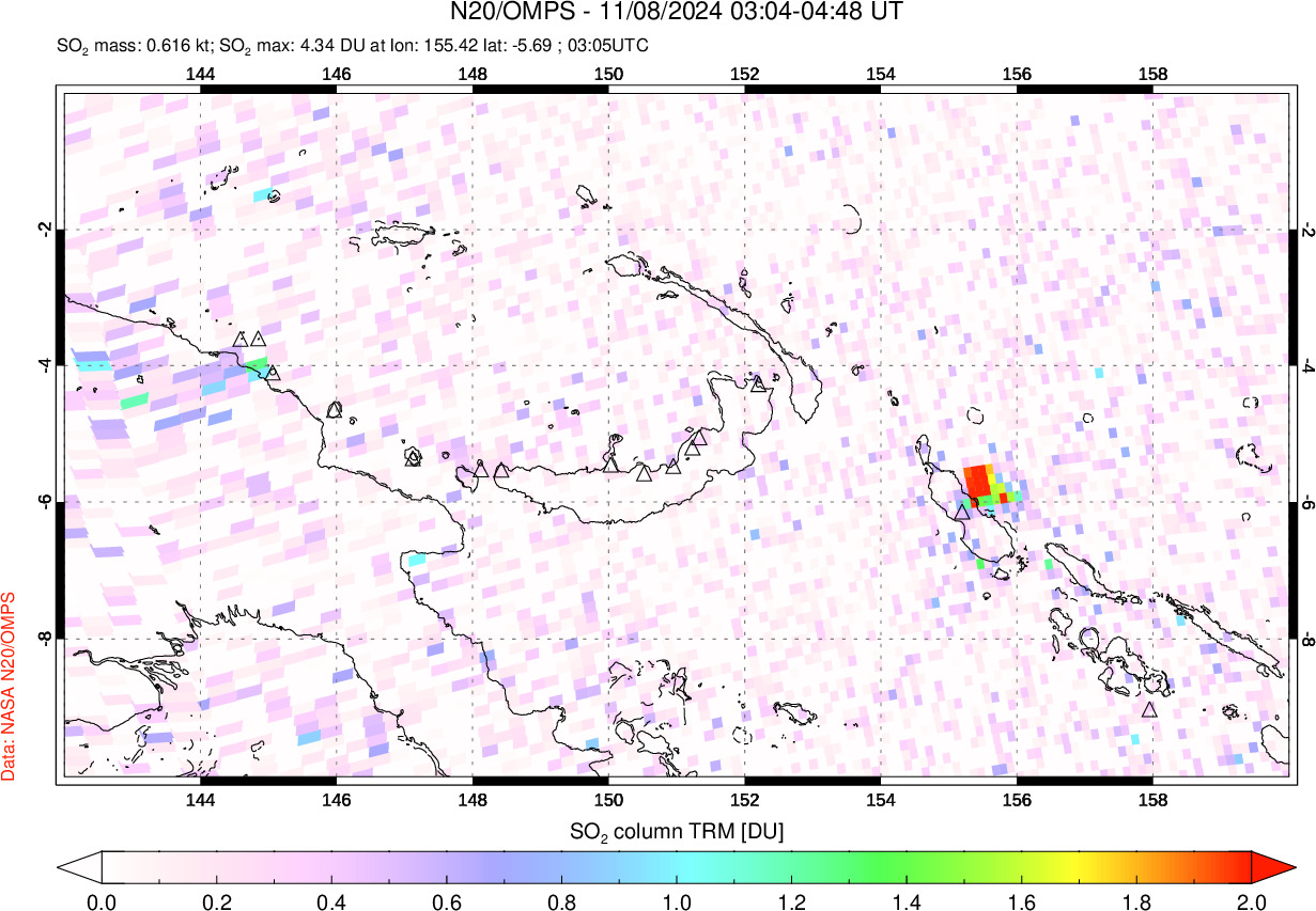 A sulfur dioxide image over Papua, New Guinea on Nov 08, 2024.