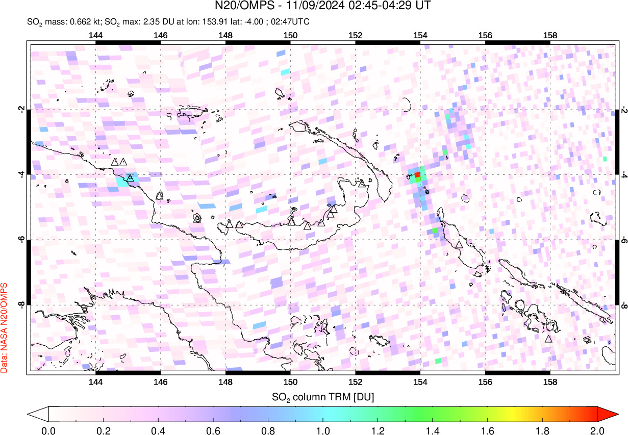 A sulfur dioxide image over Papua, New Guinea on Nov 09, 2024.