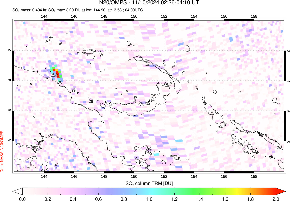 A sulfur dioxide image over Papua, New Guinea on Nov 10, 2024.