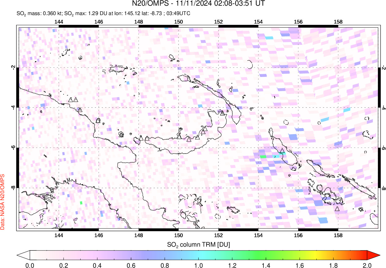 A sulfur dioxide image over Papua, New Guinea on Nov 11, 2024.