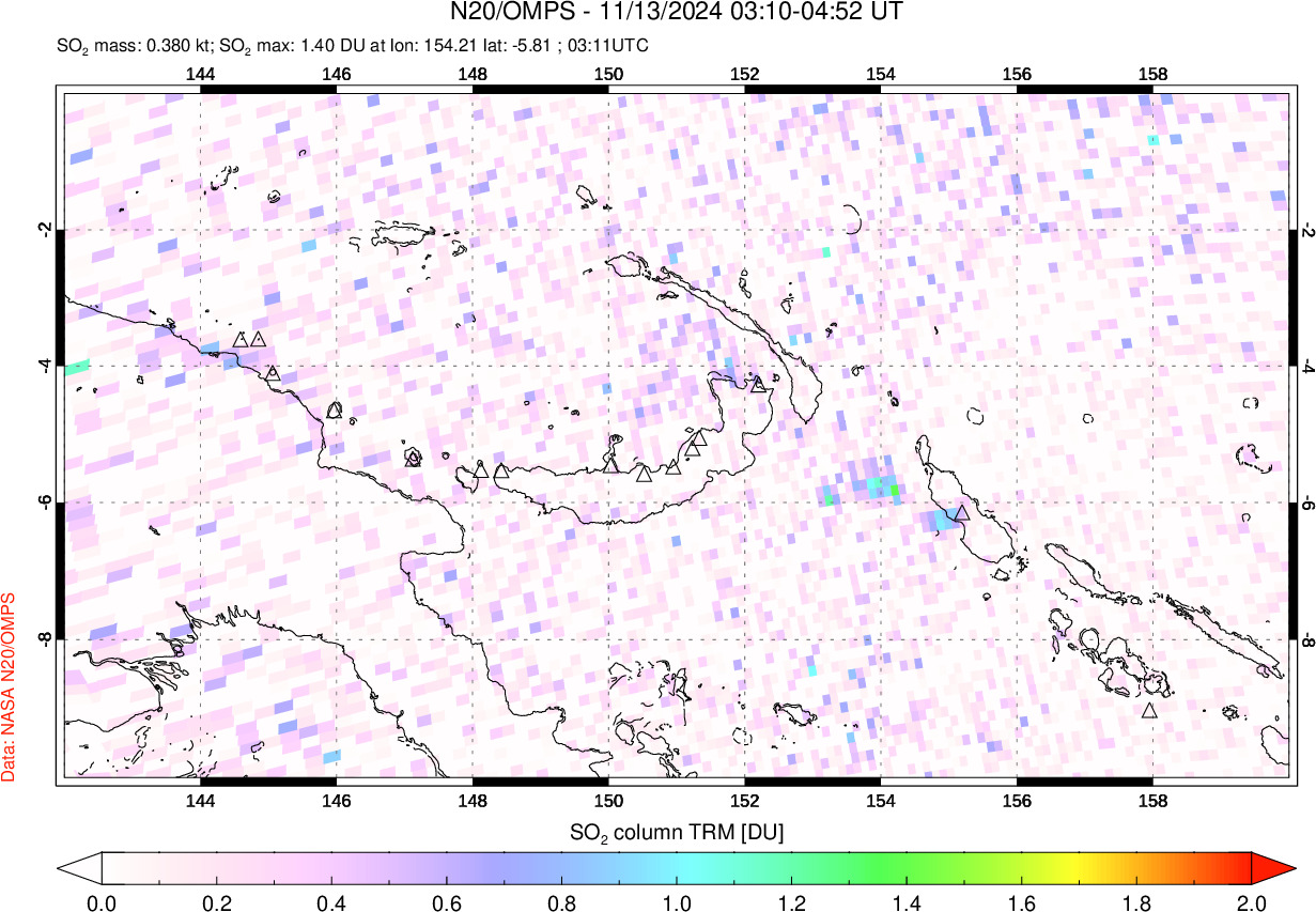 A sulfur dioxide image over Papua, New Guinea on Nov 13, 2024.