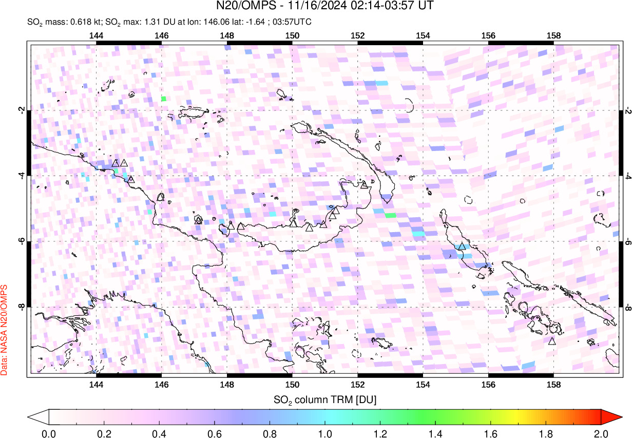 A sulfur dioxide image over Papua, New Guinea on Nov 16, 2024.