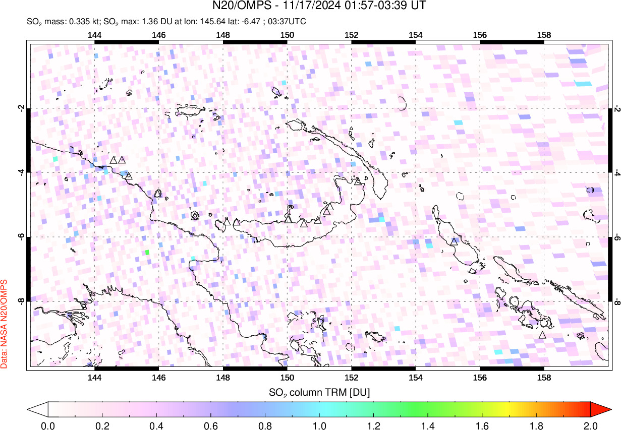 A sulfur dioxide image over Papua, New Guinea on Nov 17, 2024.