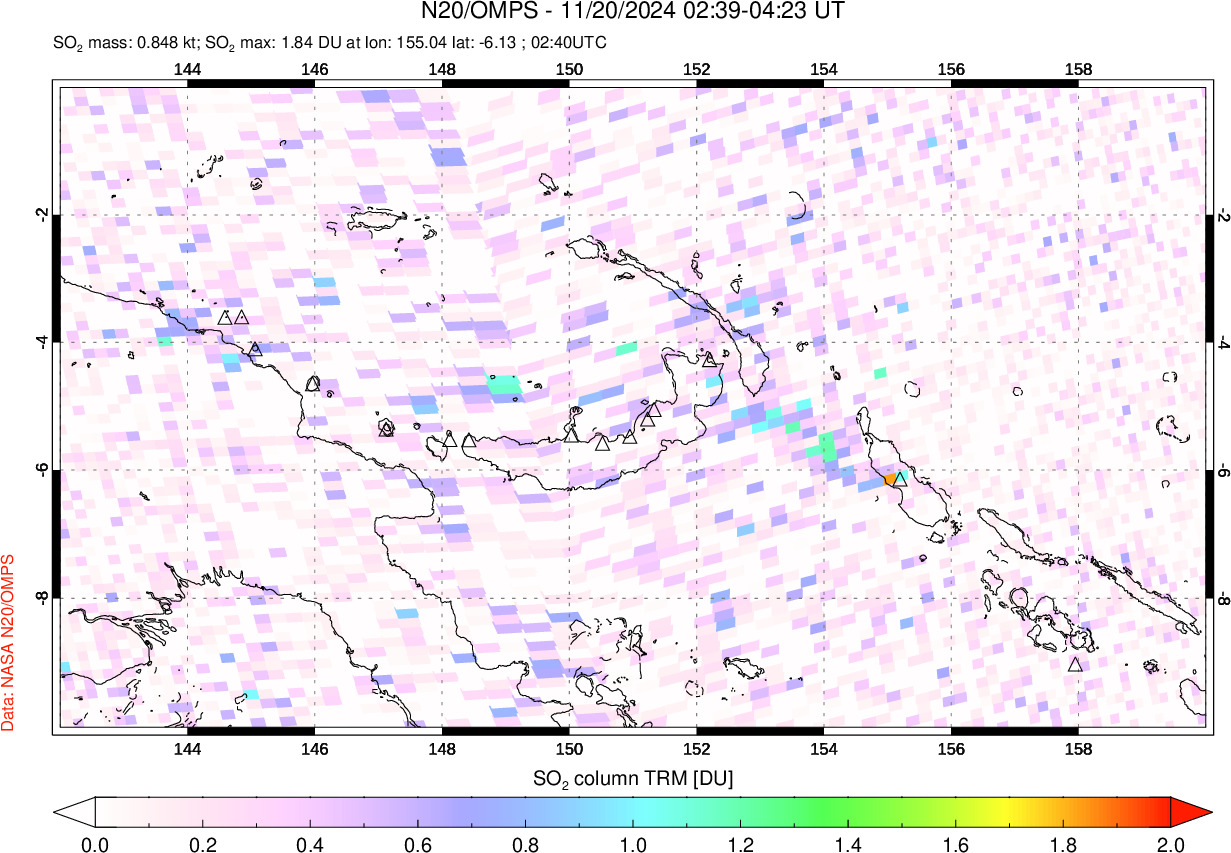 A sulfur dioxide image over Papua, New Guinea on Nov 20, 2024.