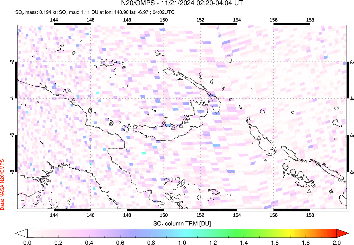 A sulfur dioxide image over Papua, New Guinea on Nov 21, 2024.