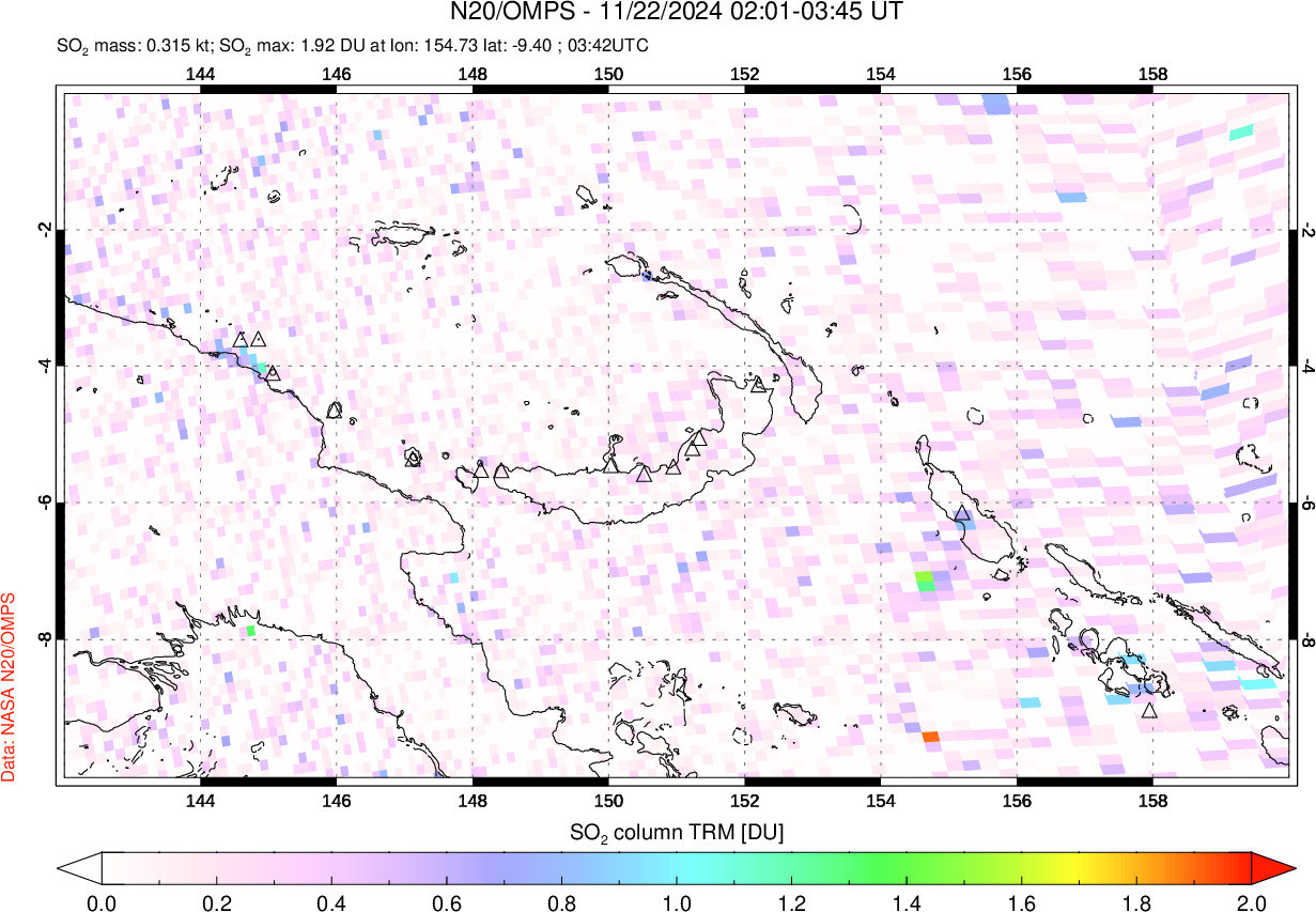 A sulfur dioxide image over Papua, New Guinea on Nov 22, 2024.