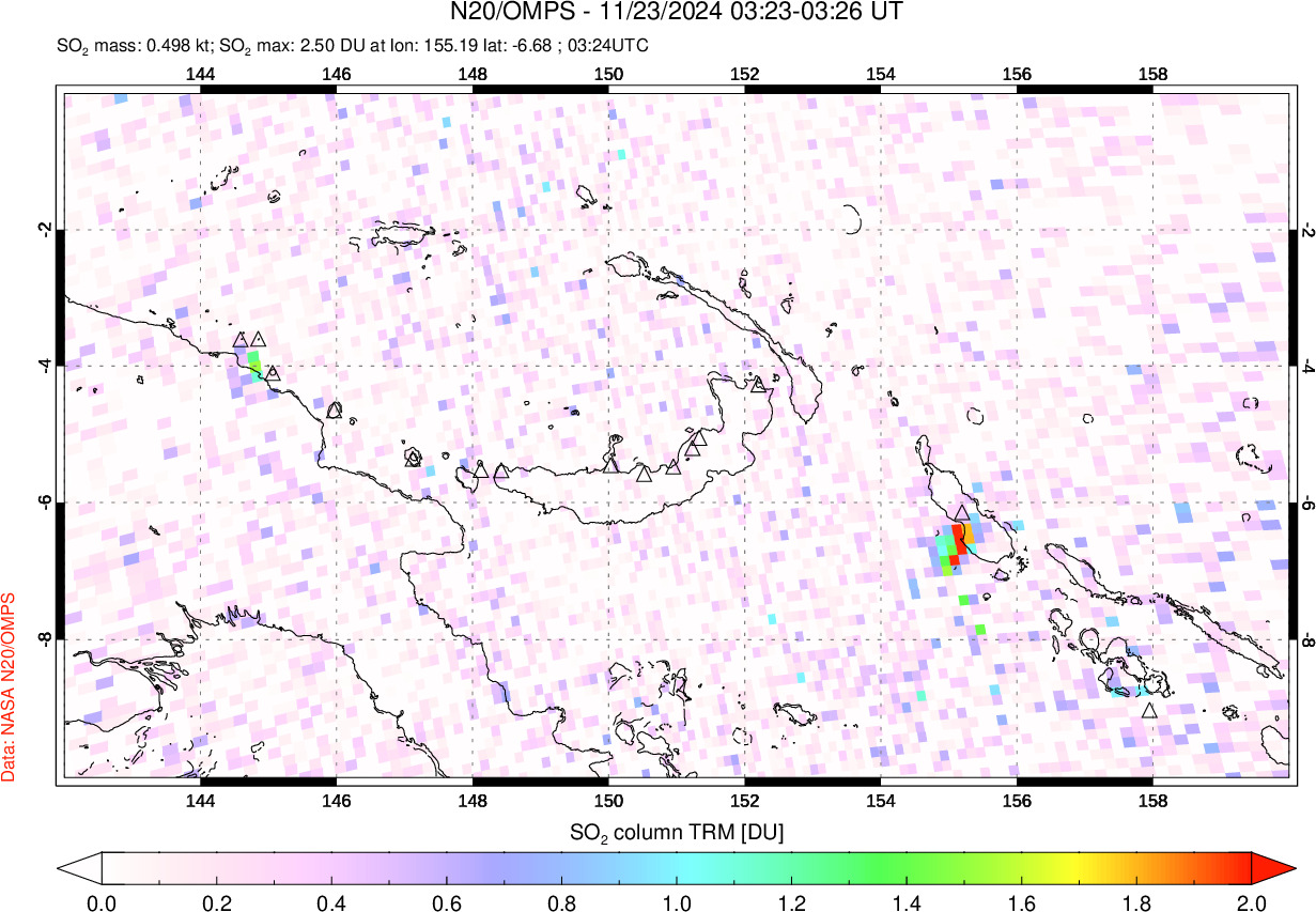 A sulfur dioxide image over Papua, New Guinea on Nov 23, 2024.