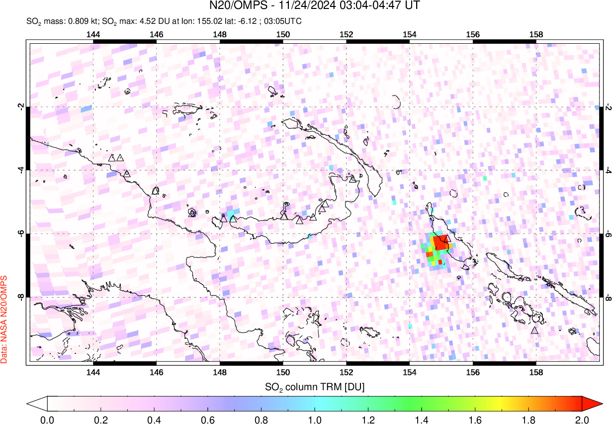 A sulfur dioxide image over Papua, New Guinea on Nov 24, 2024.