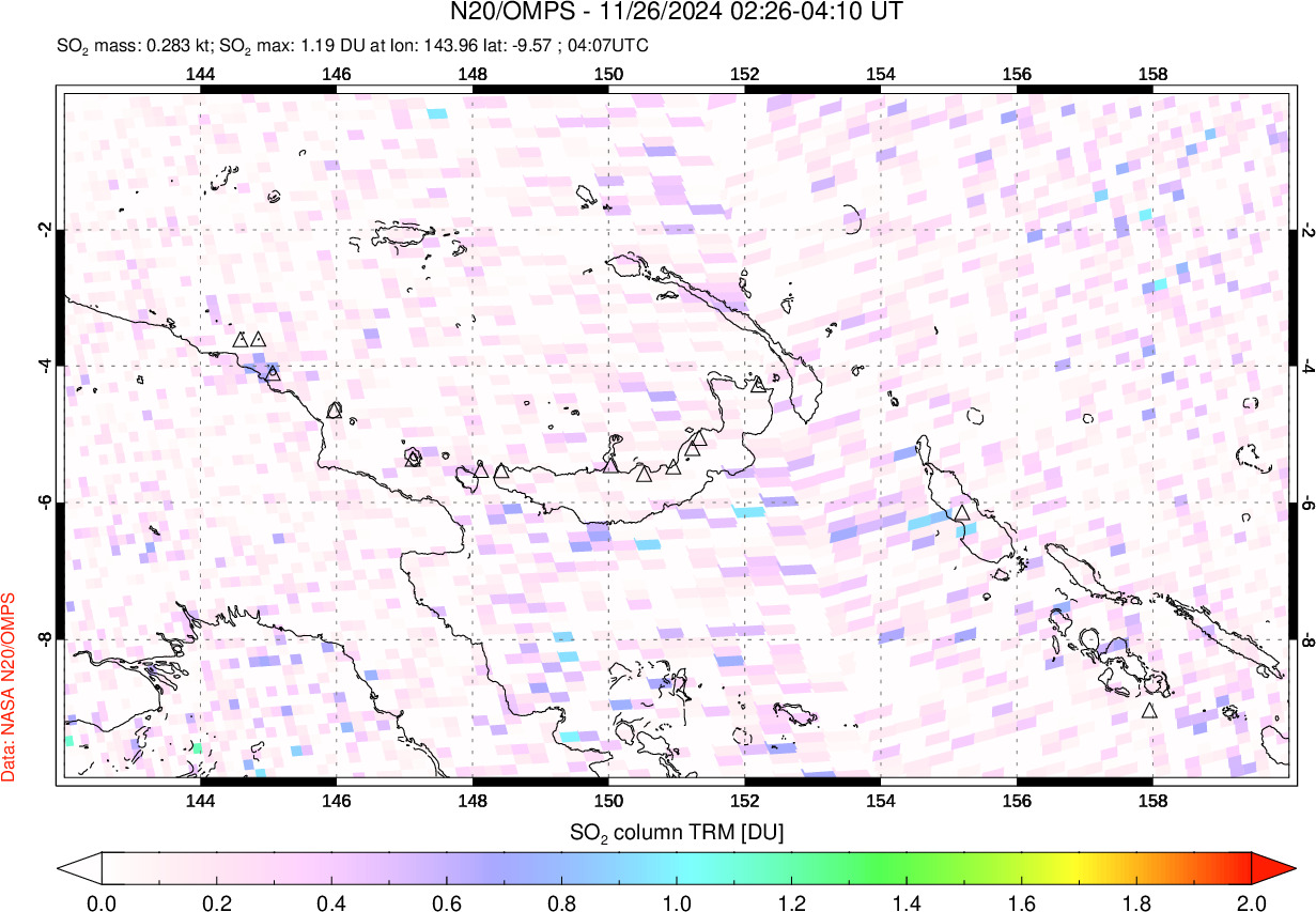 A sulfur dioxide image over Papua, New Guinea on Nov 26, 2024.