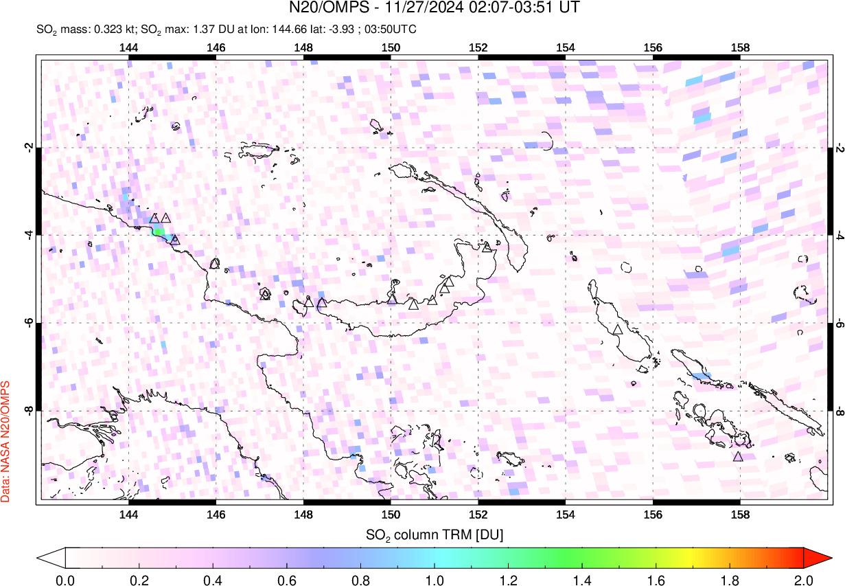 A sulfur dioxide image over Papua, New Guinea on Nov 27, 2024.