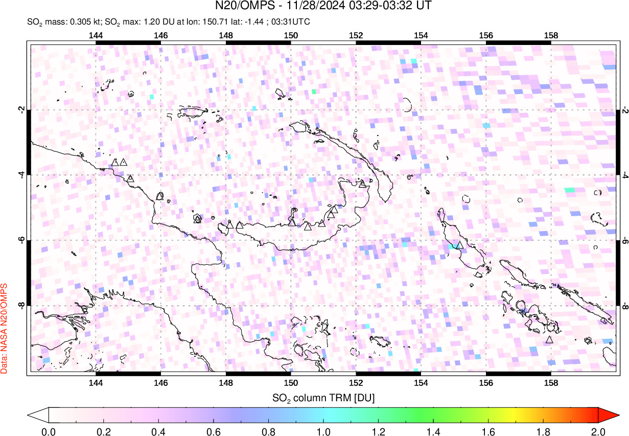 A sulfur dioxide image over Papua, New Guinea on Nov 28, 2024.