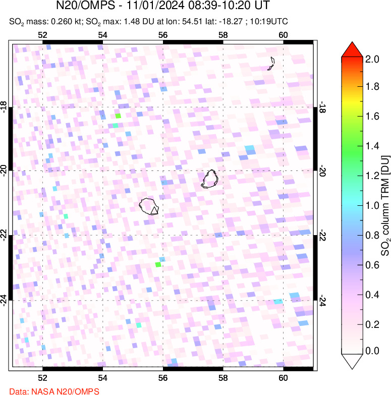 A sulfur dioxide image over Reunion Island, Indian Ocean on Nov 01, 2024.