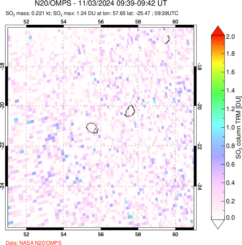 A sulfur dioxide image over Reunion Island, Indian Ocean on Nov 03, 2024.