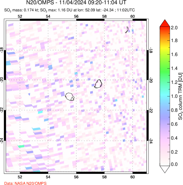 A sulfur dioxide image over Reunion Island, Indian Ocean on Nov 04, 2024.