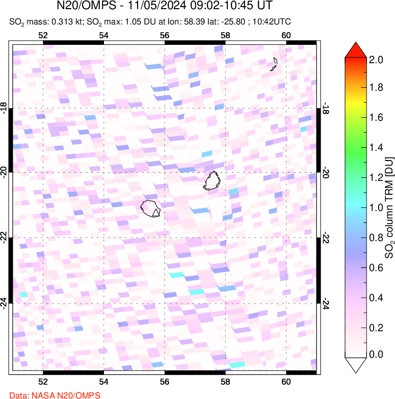 A sulfur dioxide image over Reunion Island, Indian Ocean on Nov 05, 2024.