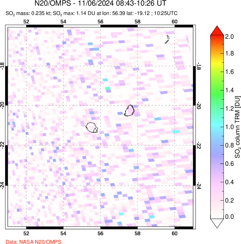 A sulfur dioxide image over Reunion Island, Indian Ocean on Nov 06, 2024.