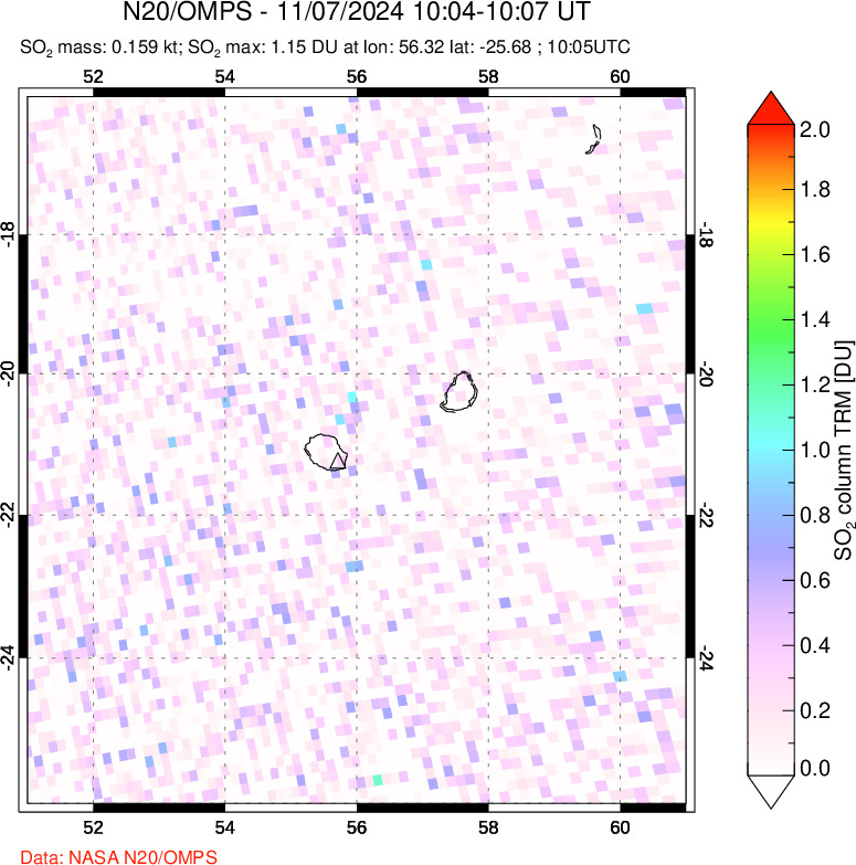 A sulfur dioxide image over Reunion Island, Indian Ocean on Nov 07, 2024.