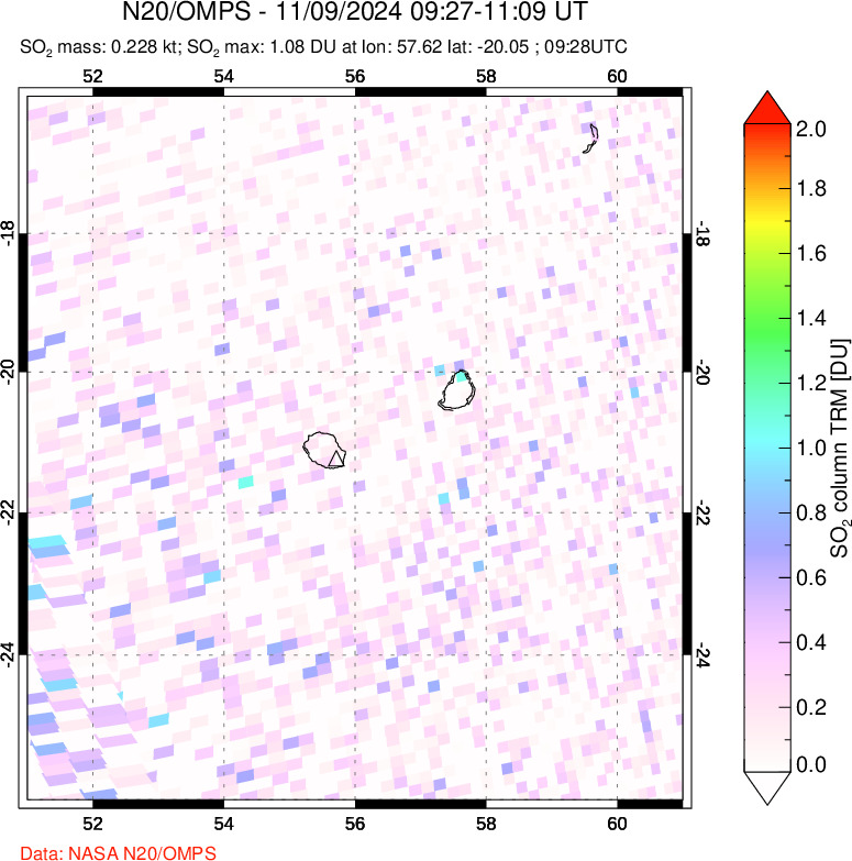 A sulfur dioxide image over Reunion Island, Indian Ocean on Nov 09, 2024.