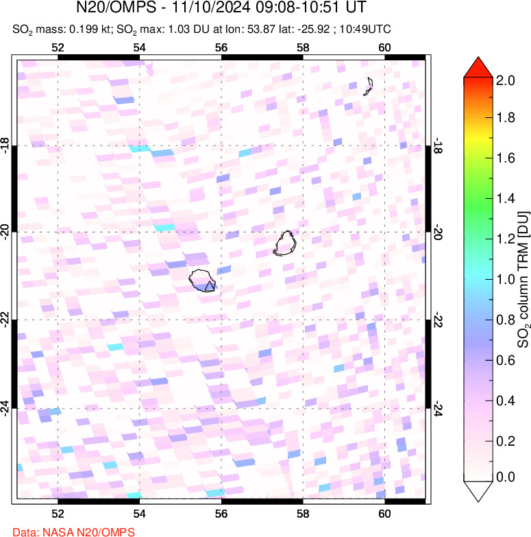 A sulfur dioxide image over Reunion Island, Indian Ocean on Nov 10, 2024.