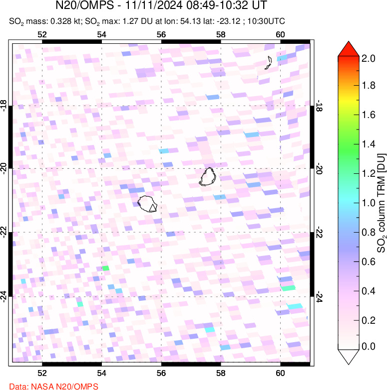 A sulfur dioxide image over Reunion Island, Indian Ocean on Nov 11, 2024.