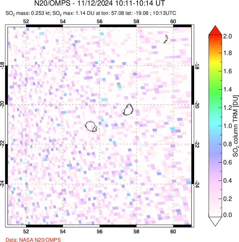 A sulfur dioxide image over Reunion Island, Indian Ocean on Nov 12, 2024.