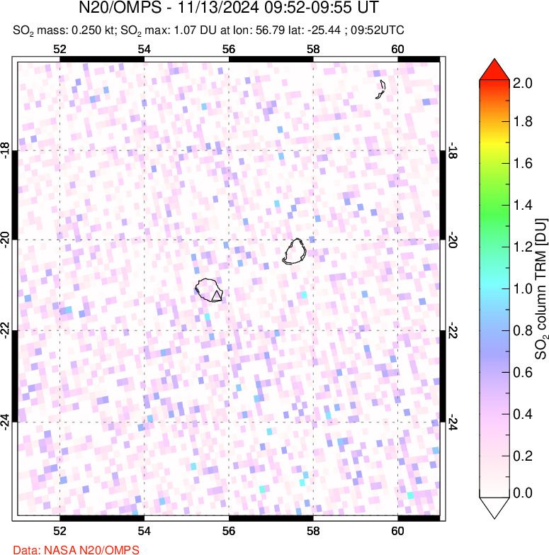 A sulfur dioxide image over Reunion Island, Indian Ocean on Nov 13, 2024.