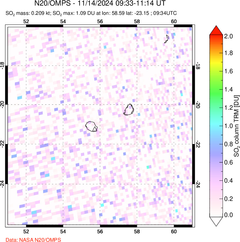 A sulfur dioxide image over Reunion Island, Indian Ocean on Nov 14, 2024.